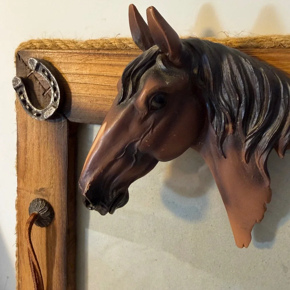 Rustic Western Wood Horse Head 3 Dimensional Picture Frame Horseshoes Leather